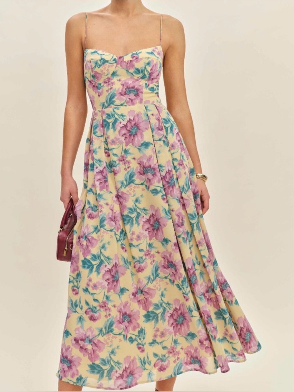 NWT Reformation Jaelyn Midi
Dress Mira | Yellow Purple
Floral, Size 10